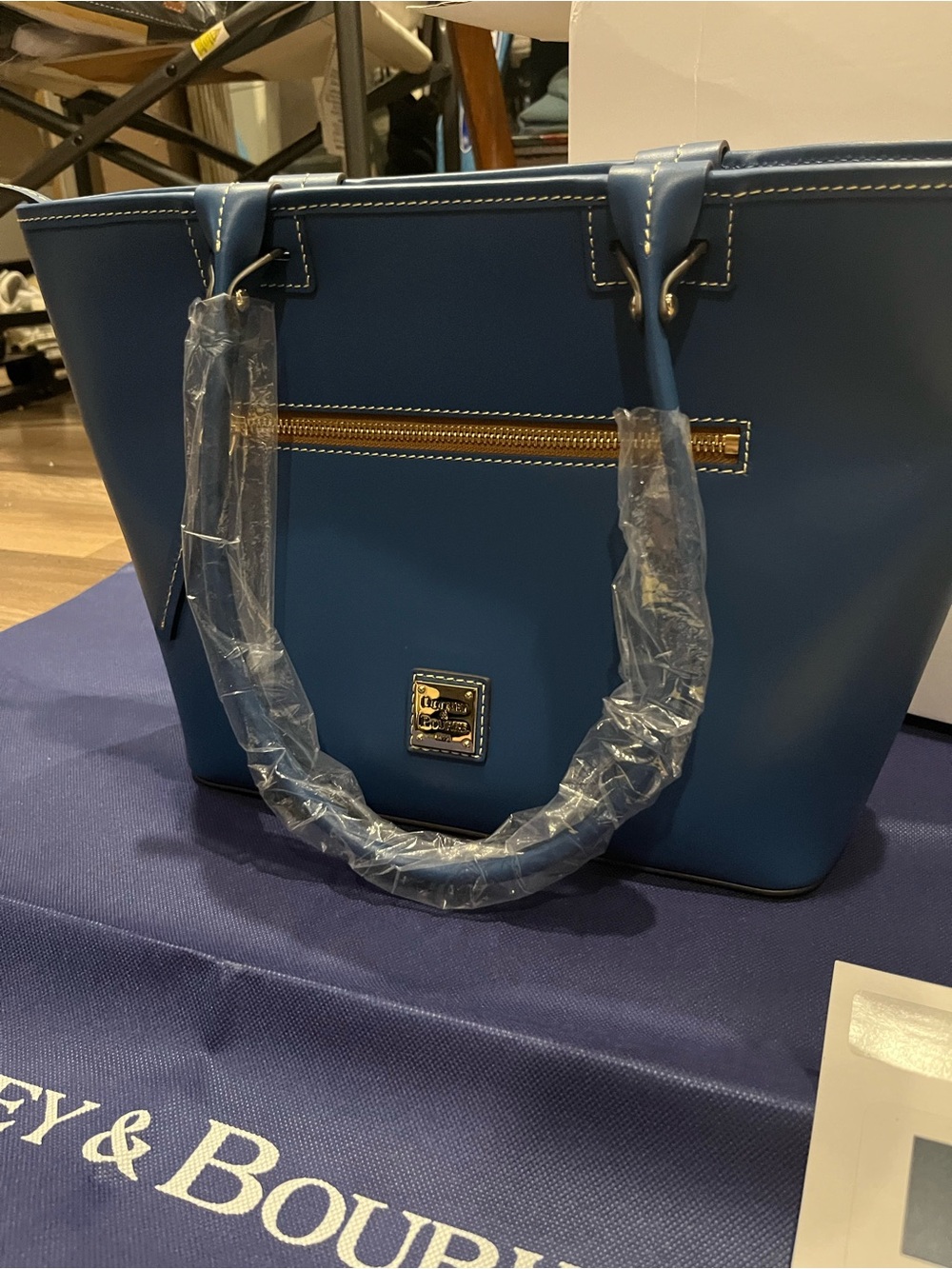 Dooney & Bourke Blue Leather Tote with Gold Hardware
